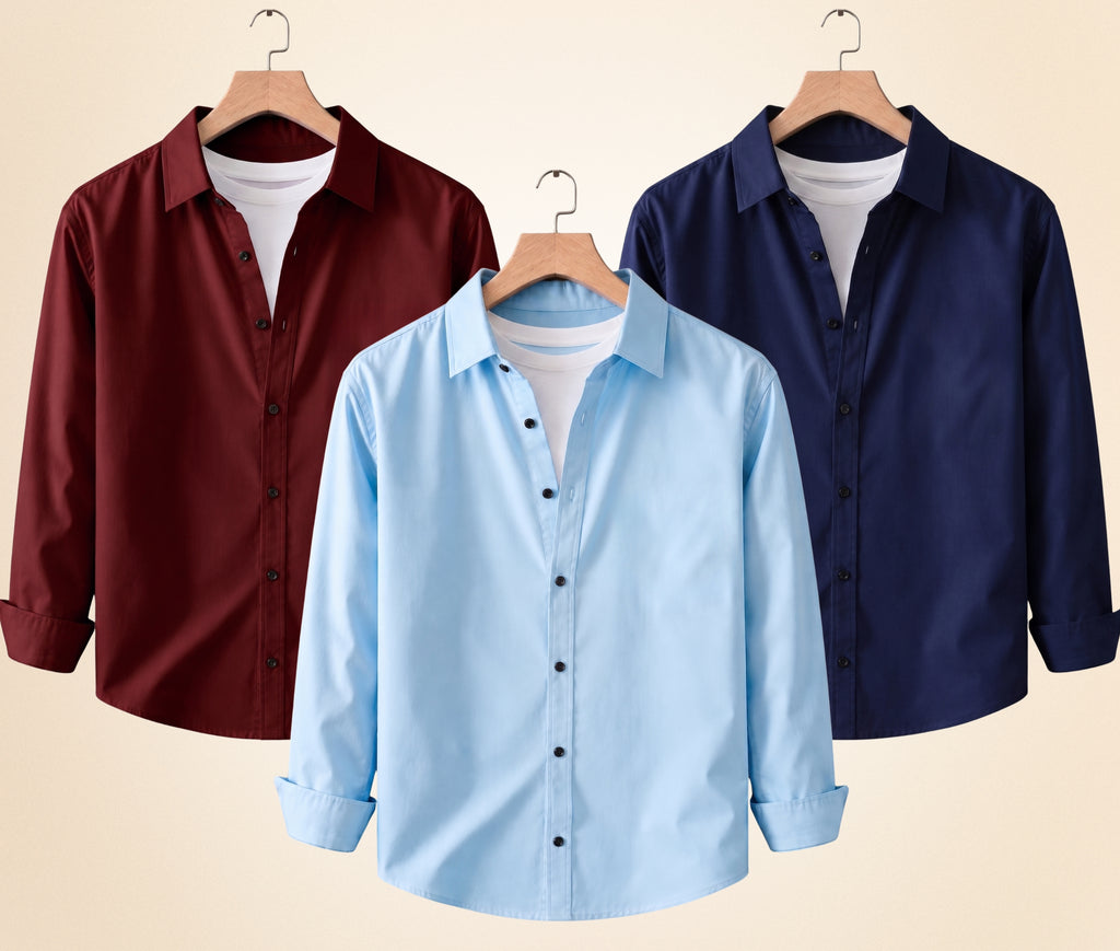 Coofandy Men's Solid Full Sleeve Casual Shirts – Burgundy, Navy Blue and Sky Blue (Pack of 3)