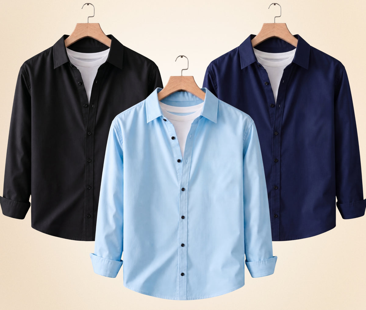 Coofandy Men's Solid Full Sleeve Casual Shirts – Black, Navy Blue and Sky Blue (Pack of 3)