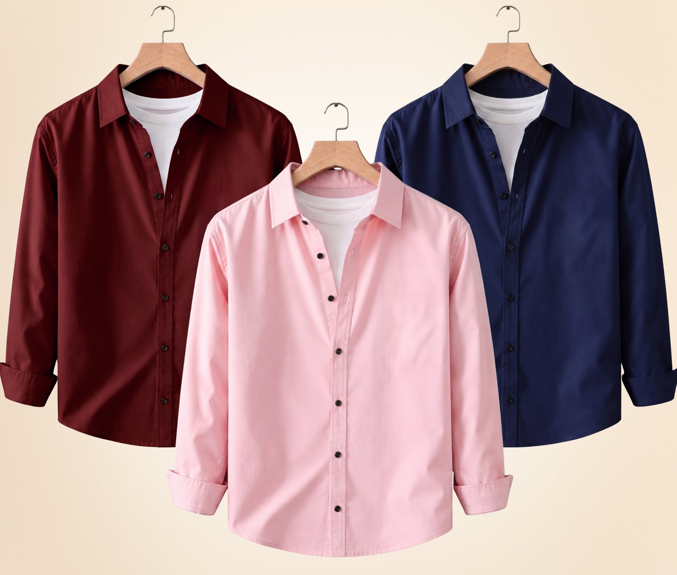 Coofandy Men's Solid Full Sleeve Casual Shirts – Burgundy, Navy Blue and Peach Pink (Pack of 3)