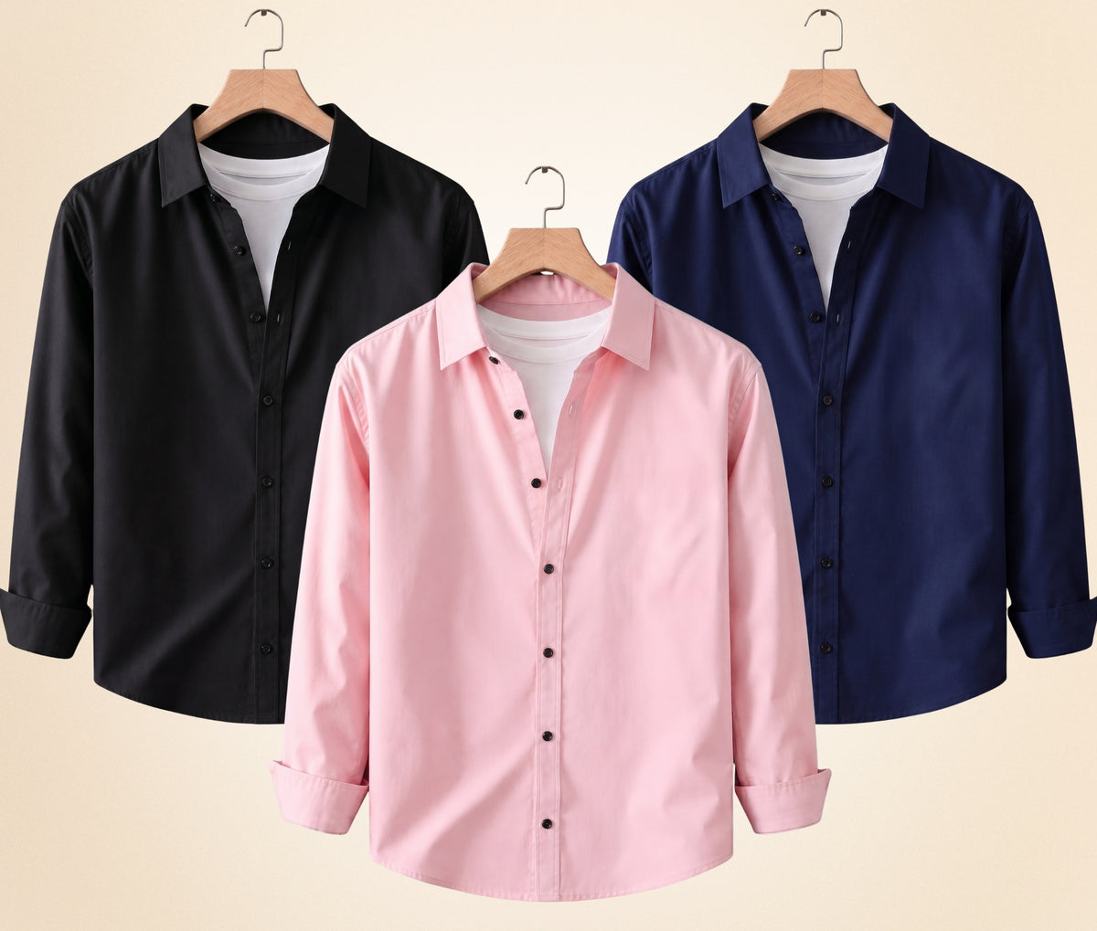 Coofandy Men's Solid Full Sleeve Casual Shirts – Black, Navy Blue and Peach Pink (Pack of 3)