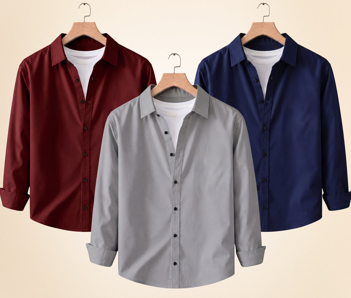 Coofandy Men's Solid Full Sleeve Casual Shirts – Grey, Burgundy and Navy Blue (Pack of 3)