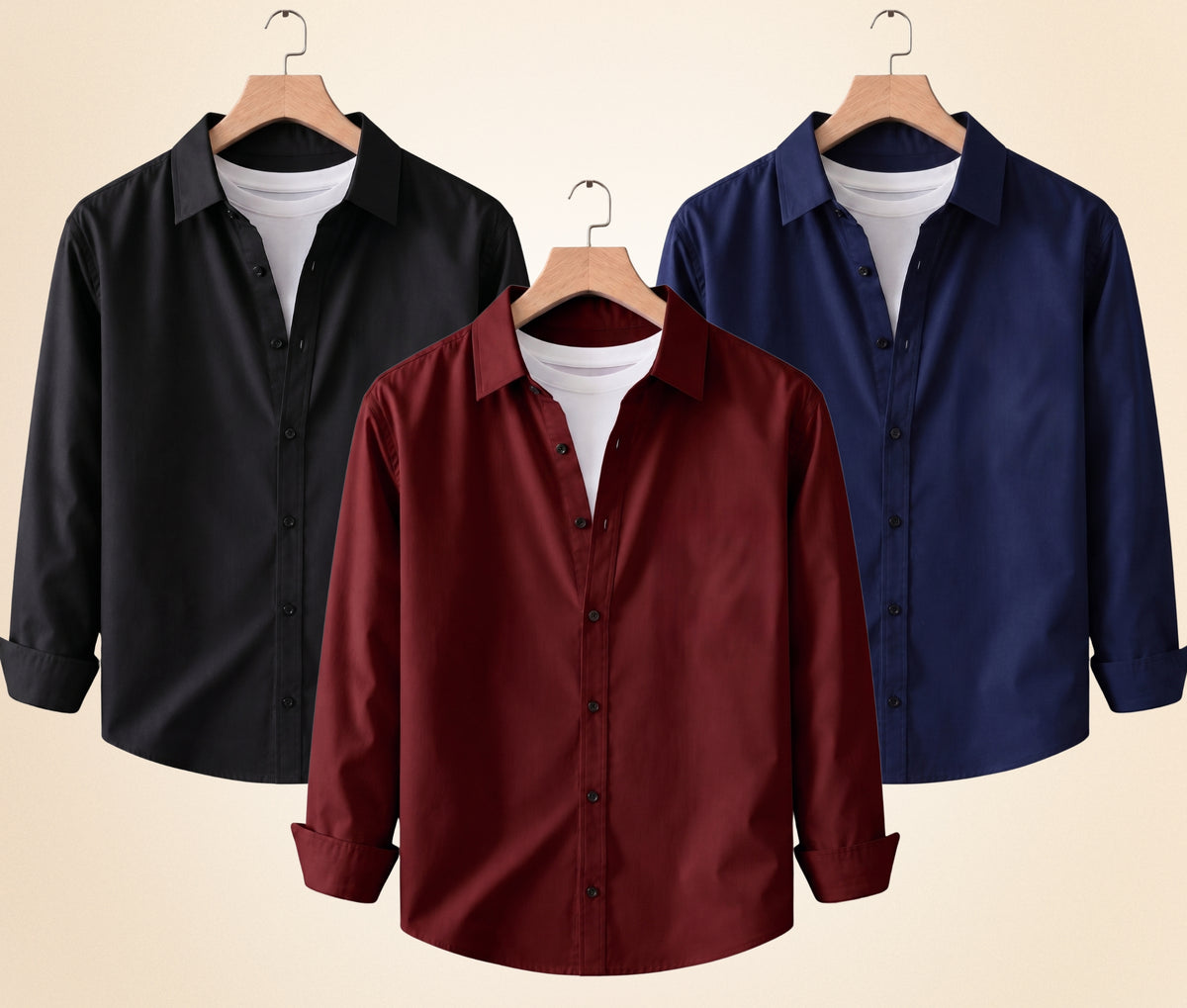 Coofandy Men's Solid Full Sleeve Casual Shirts – Black, Burgundy and Navy Blue (Pack of 3)