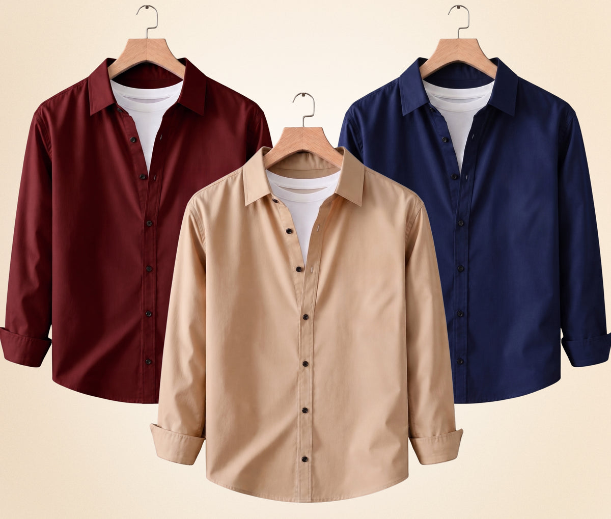 Coofandy Men's Solid Full Sleeve Casual Shirts – Sand Beige, Burgundy and Navy Blue (Pack of 3)