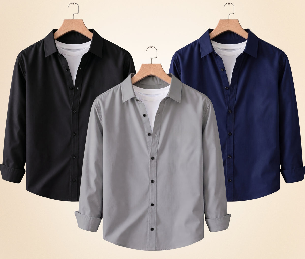 Coofandy Men's Solid Full Sleeve Casual Shirts – Black, Grey and Navy Blue (Pack of 3)