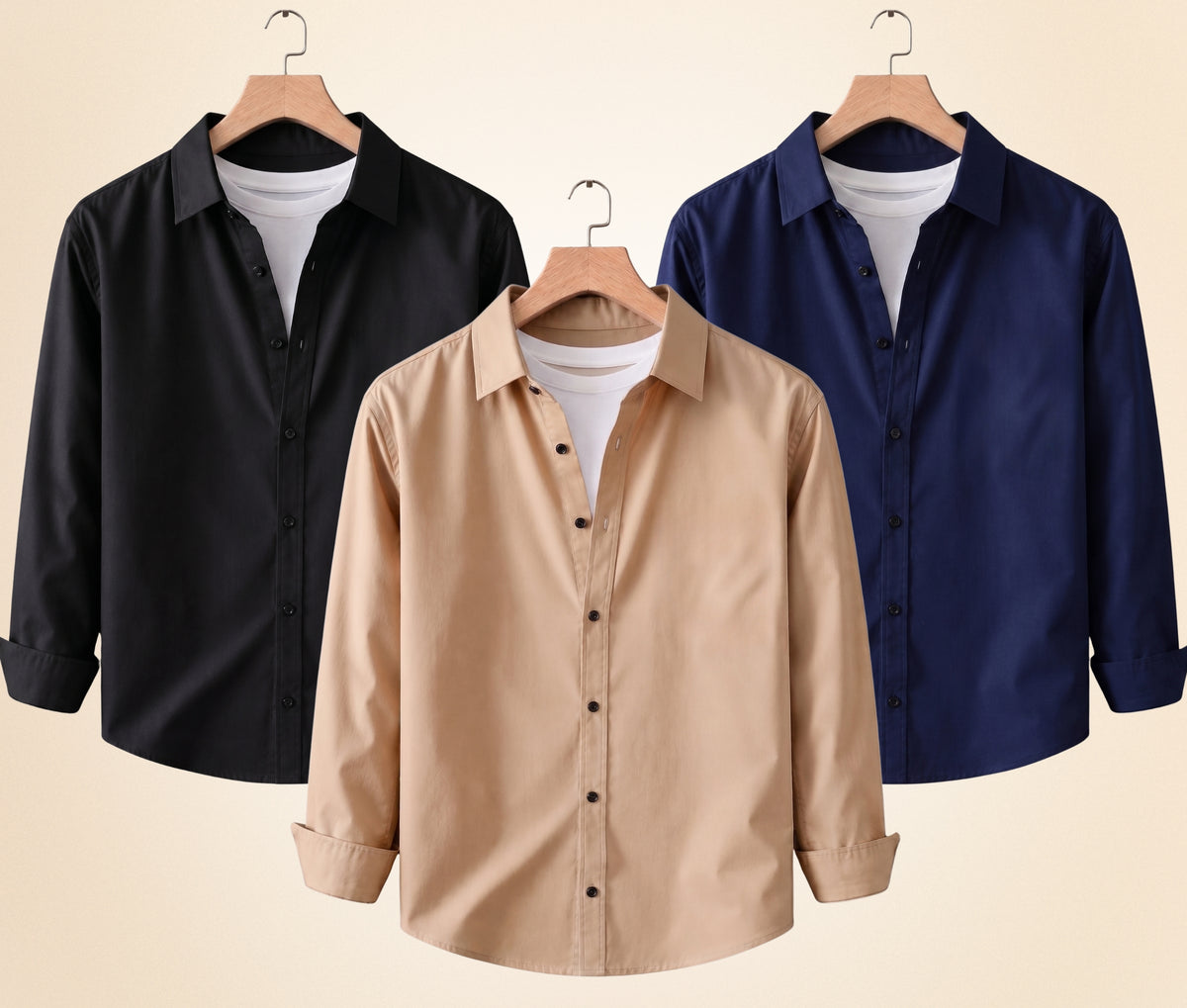 Coofandy Men's Solid Full Sleeve Casual Shirts – Black, Sand Beige and Navy Blue (Pack of 3)