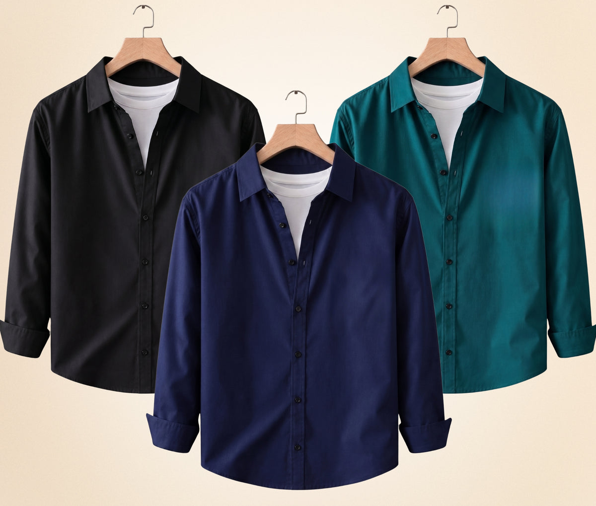 Coofandy Men's Solid Full Sleeve Casual Shirts – Black, Navy Blue and Teal Green (Pack of 3)