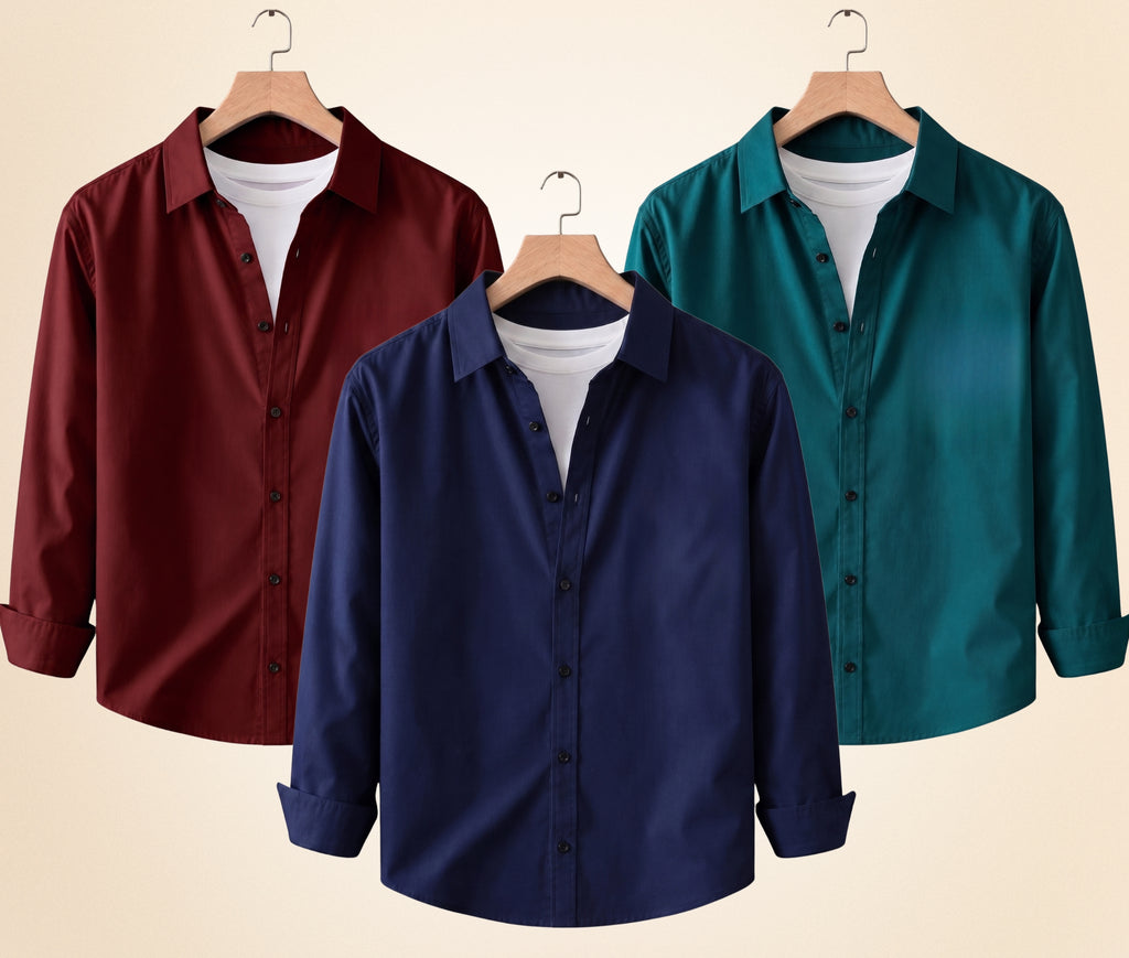 Coofandy Men's Solid Full Sleeve Casual Shirts – Burgundy, Navy Blue and Teal Green (Pack of 3)