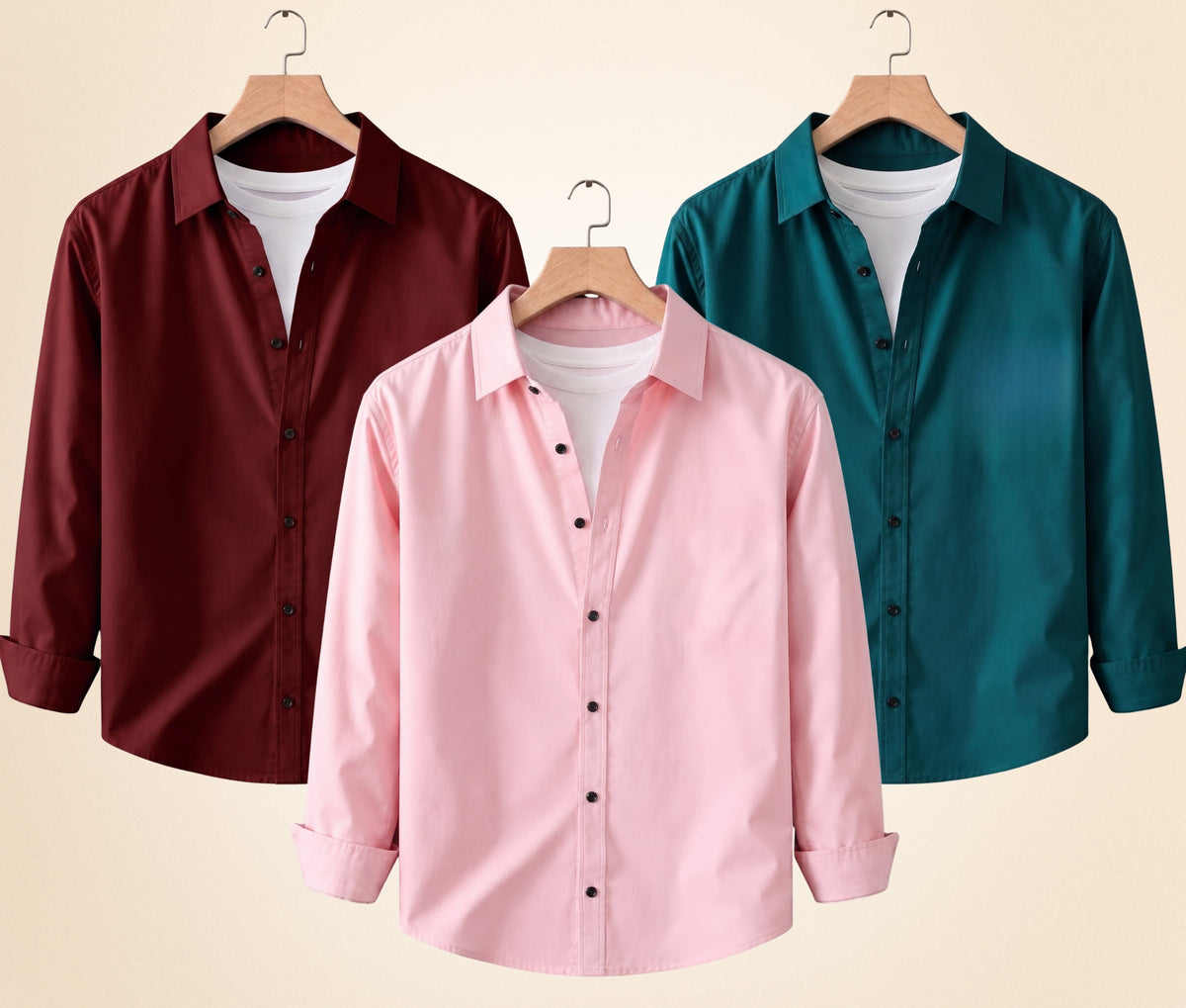 Coofandy Men's Solid Full Sleeve Casual Shirts – Burgundy, Peach Pink and Teal Green (Pack of 3)