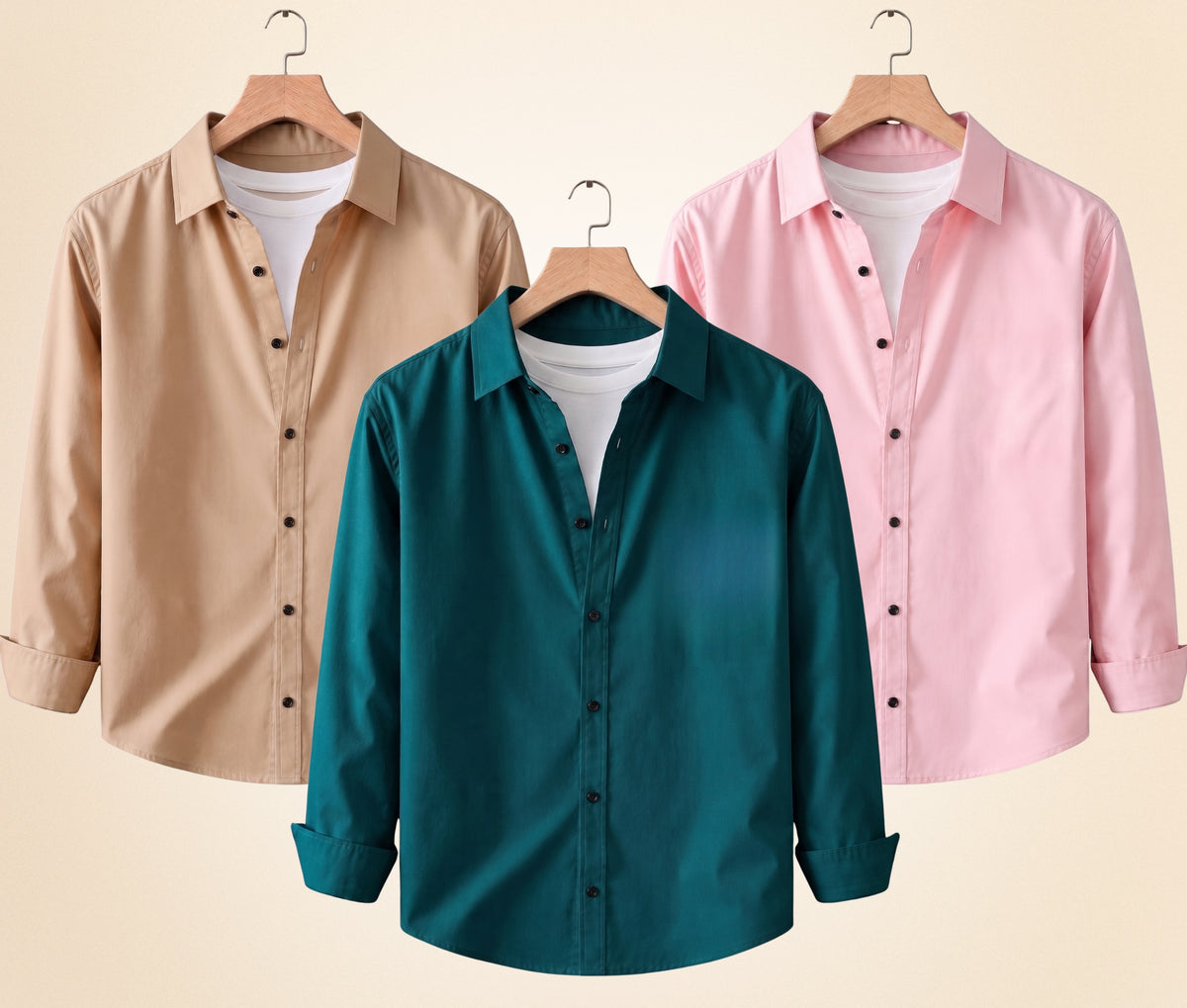 Coofandy Men's Solid Full Sleeve Casual Shirts – Sand Beige, Peach Pink and Teal Green (Pack of 3)