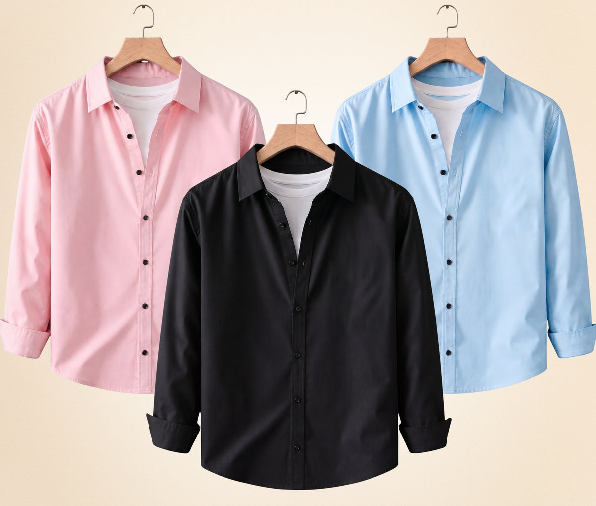 Coofandy Men's Solid Full Sleeve Casual Shirts – Black, Peach Pink and Sky Blue (Pack of 3)