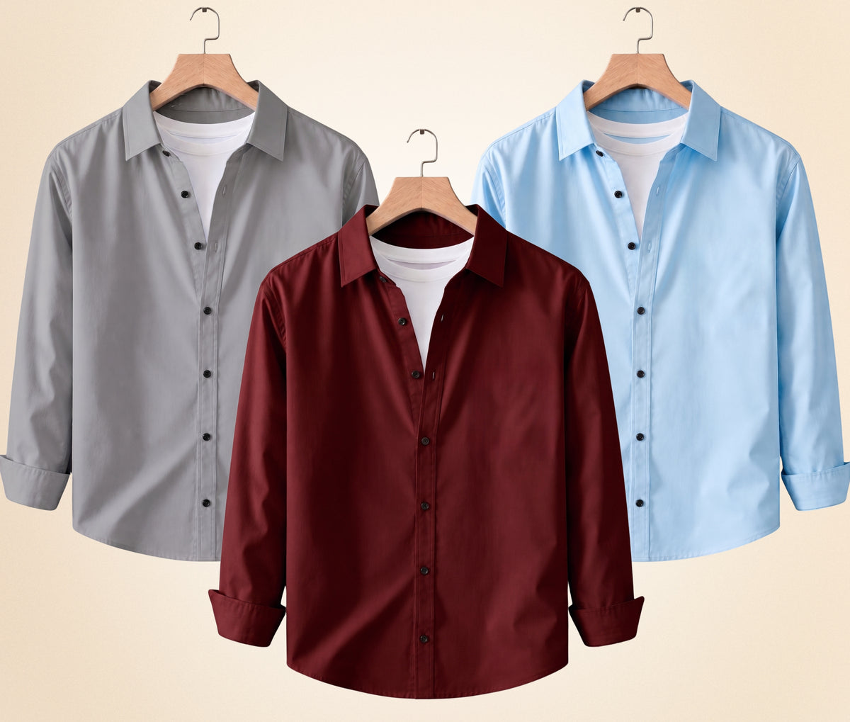 Coofandy Men's Solid Full Sleeve Casual Shirts – Grey, Burgundy and Sky Blue (Pack of 3)