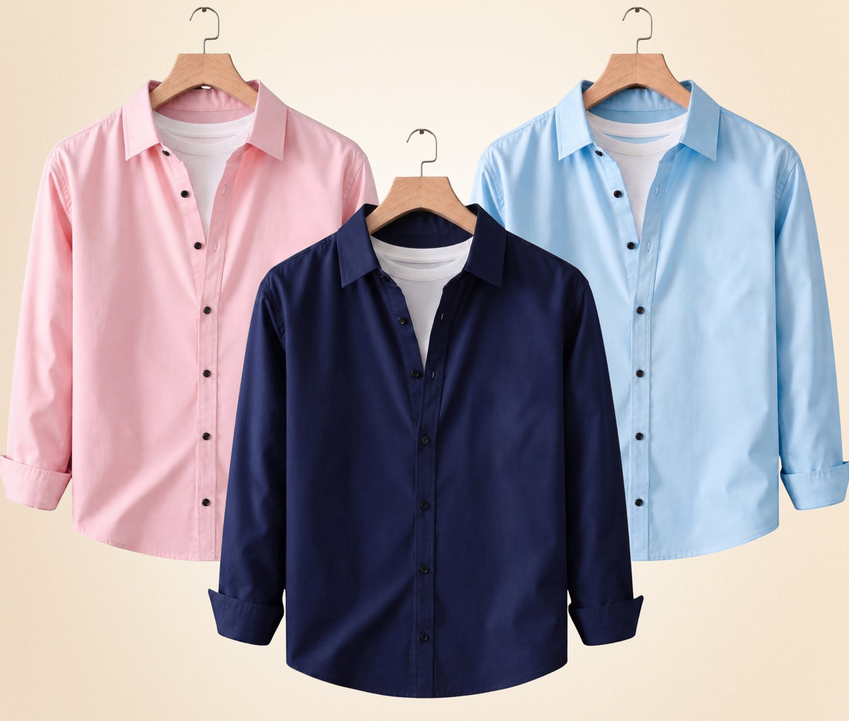 Coofandy Men's Solid Full Sleeve Casual Shirts – Navy Blue, Peach Pink and Sky Blue (Pack of 3)