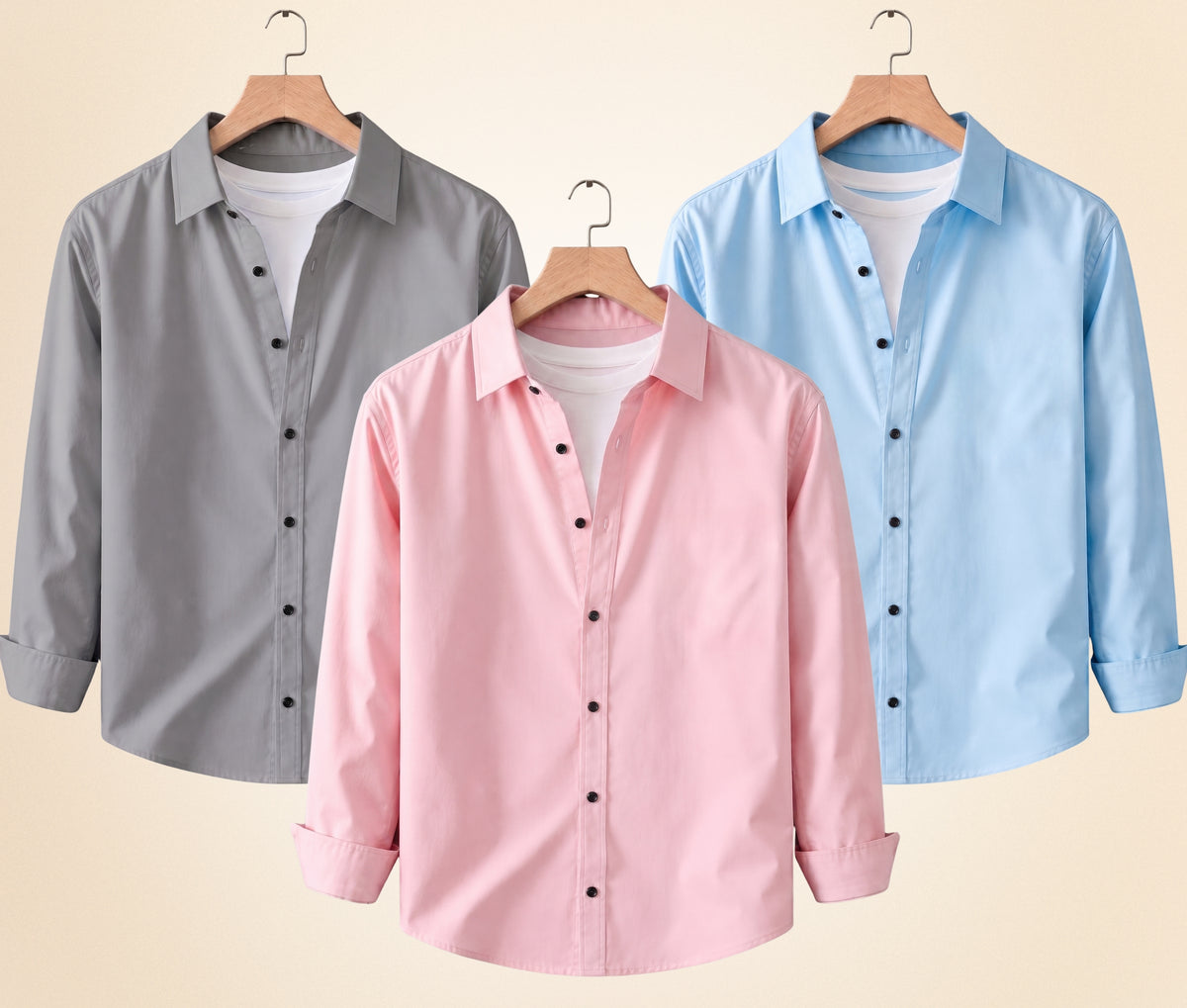 Coofandy Men's Solid Full Sleeve Casual Shirts – Grey, Peach Pink and Sky Blue (Pack of 3)