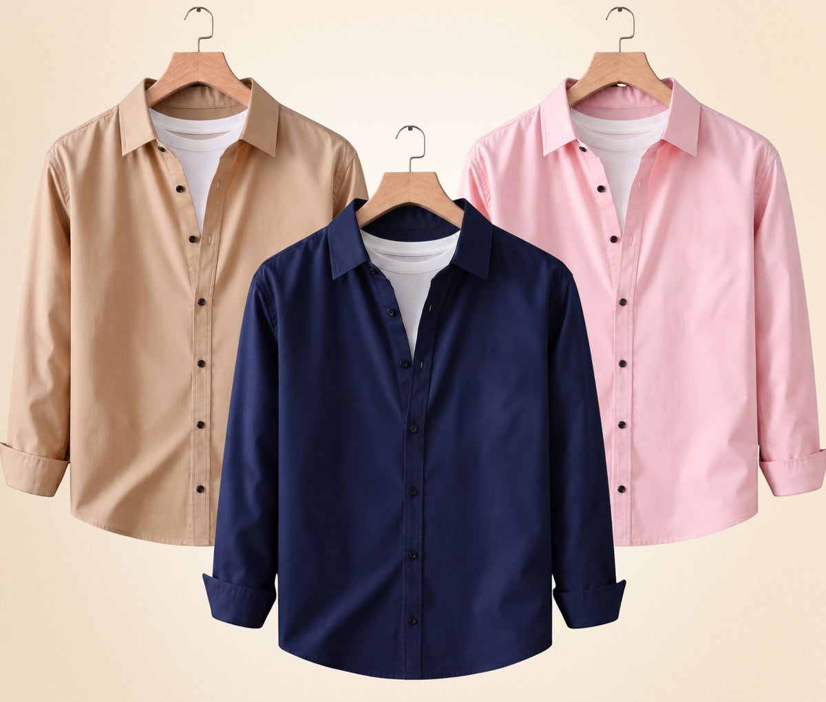 Coofandy Men's Solid Full Sleeve Casual Shirts – Sand Beige, Navy Blue and Peach Pink (Pack of 3)