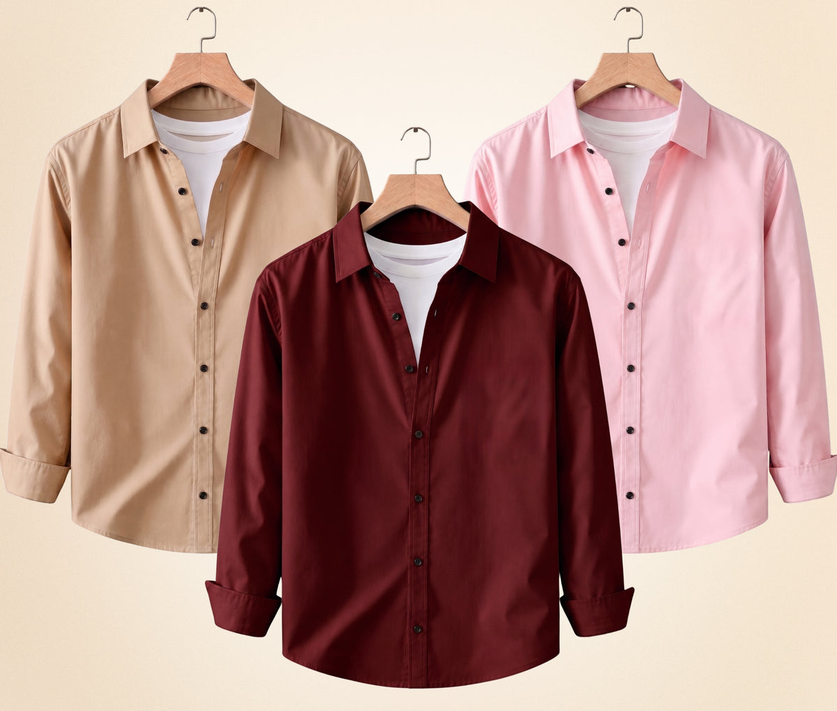 Coofandy Men's Solid Full Sleeve Casual Shirts – Sand Beige, Burgundy and Peach Pink (Pack of 3)