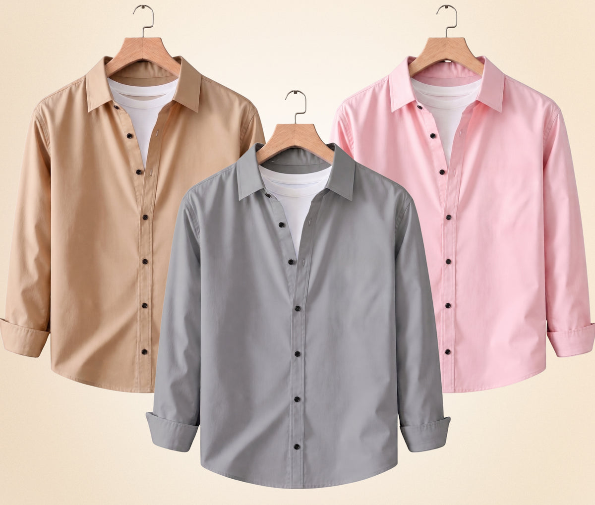 Coofandy Men's Solid Full Sleeve Casual Shirts – Sand Beige, Grey and Peach Pink (Pack of 3)