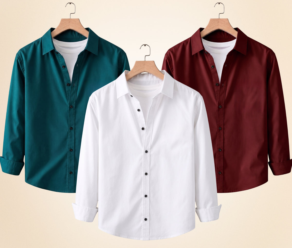 Coofandy Men's Solid Full Sleeve Casual Shirts – Burgundy, Teal Green and White (Pack of 3)