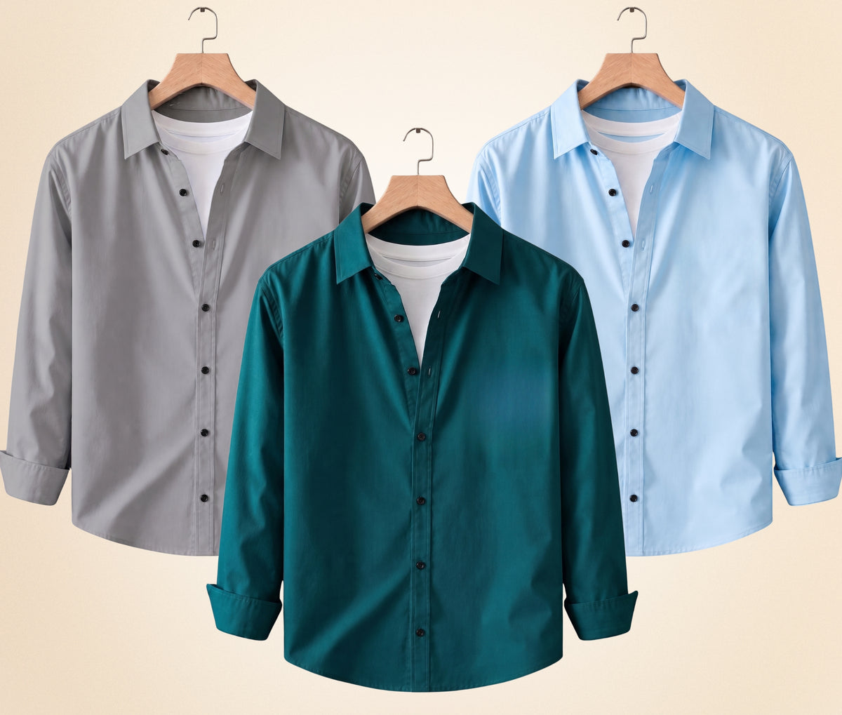 Coofandy Men's Solid Full Sleeve Casual Shirts – Grey, Sky Blue and Teal Green (Pack of 3)