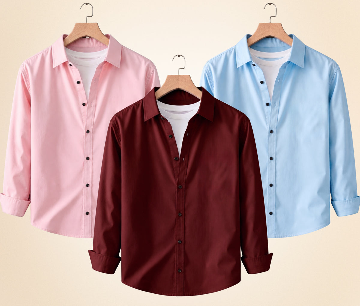 Coofandy Men's Solid Full Sleeve Casual Shirts – Burgundy, Peach Pink and Sky Blue (Pack of 3)