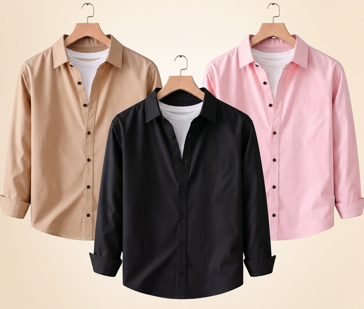 Coofandy Men's Solid Full Sleeve Casual Shirts – Black, Sand Beige and Peach Pink (Pack of 3)