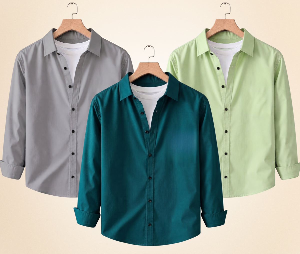 Coofandy Men's Solid Full Sleeve Casual Shirts – Grey, Pista and Teal Green (Pack of 3)