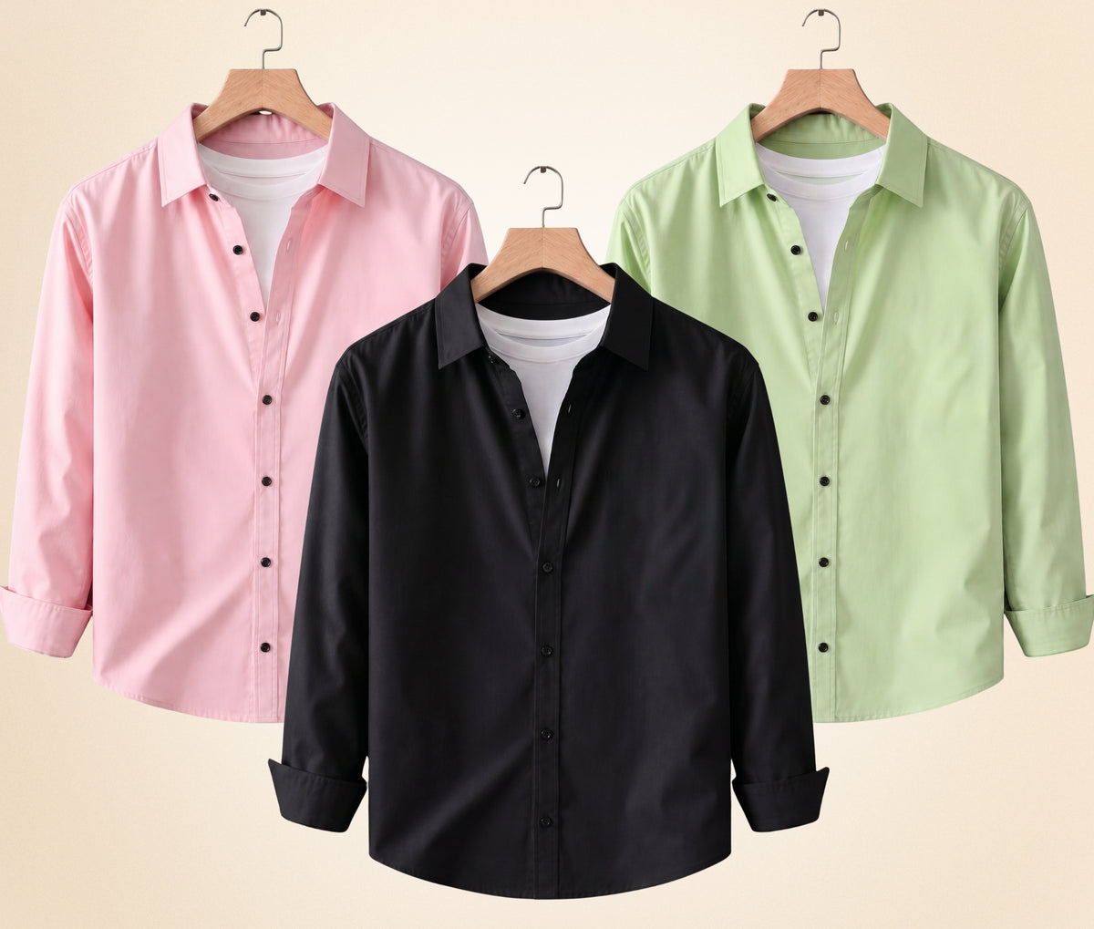 Coofandy Men's Solid Full Sleeve Casual Shirts – Black, Peach Pink and Pista (Pack of 3)