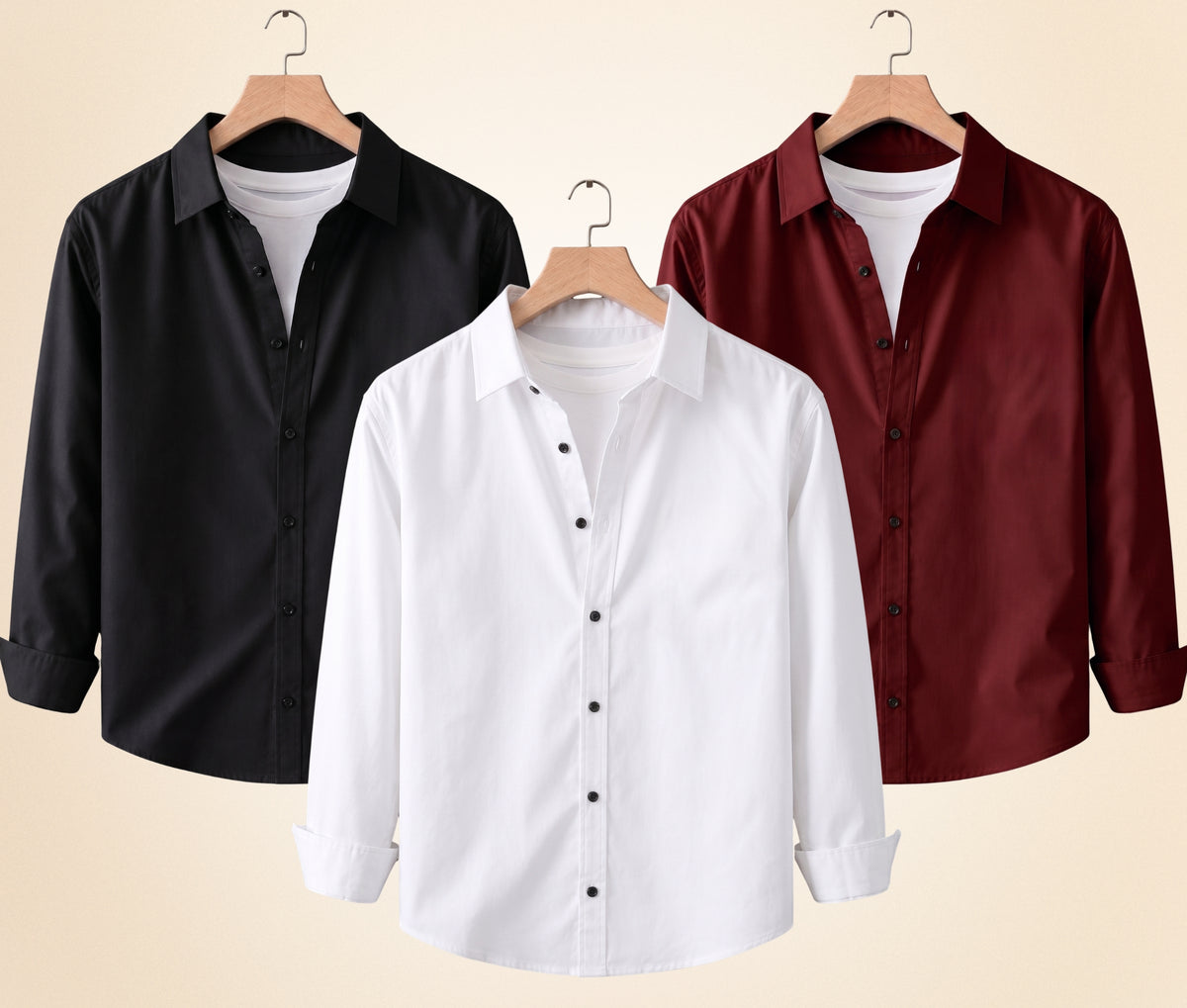 Coofandy Men's Solid Full Sleeve Casual Shirts – Black, Burgundy and White (Pack of 3)