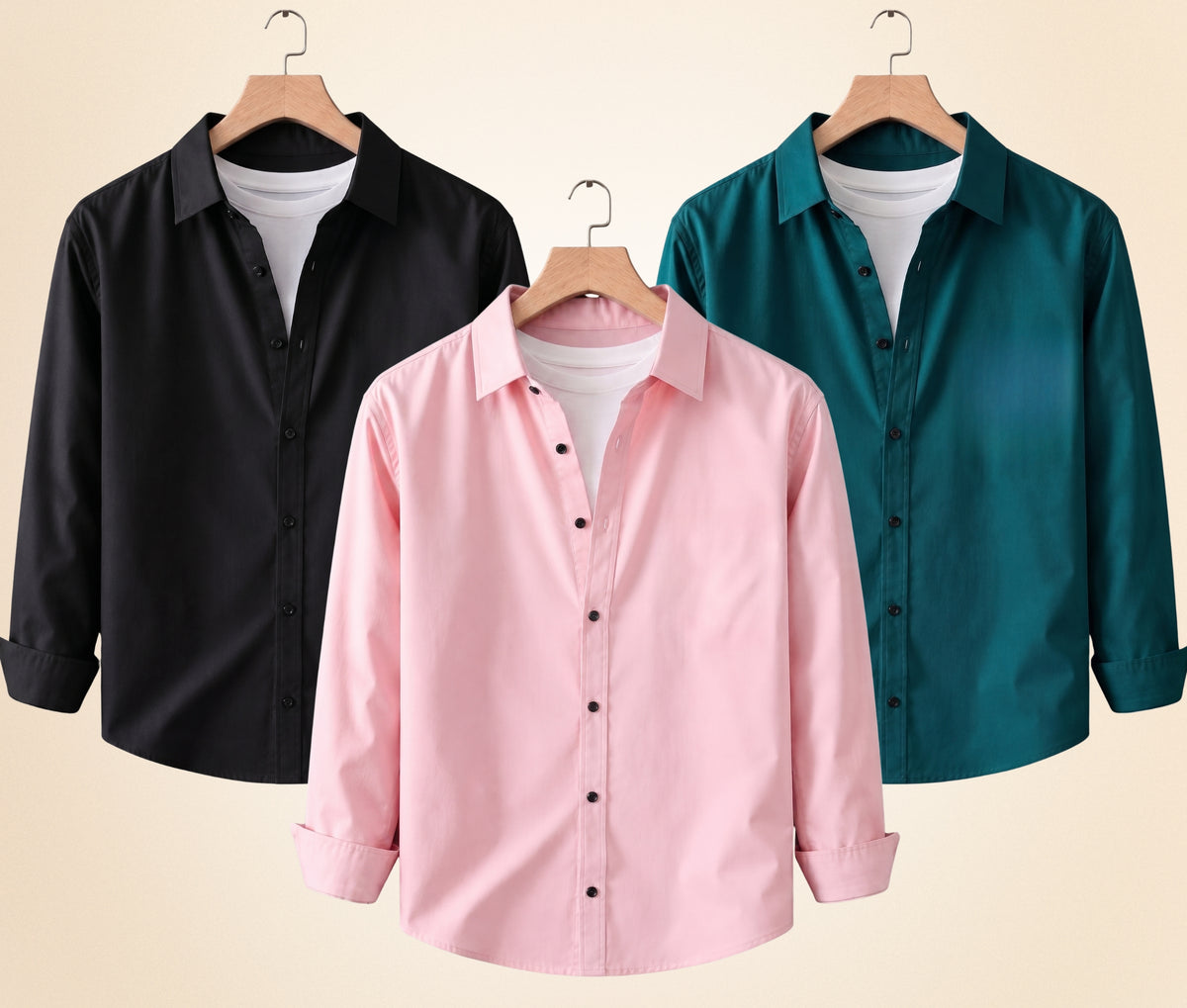 Coofandy Men's Solid Full Sleeve Casual Shirts – Black, Peach Pink and Teal Green (Pack of 3)