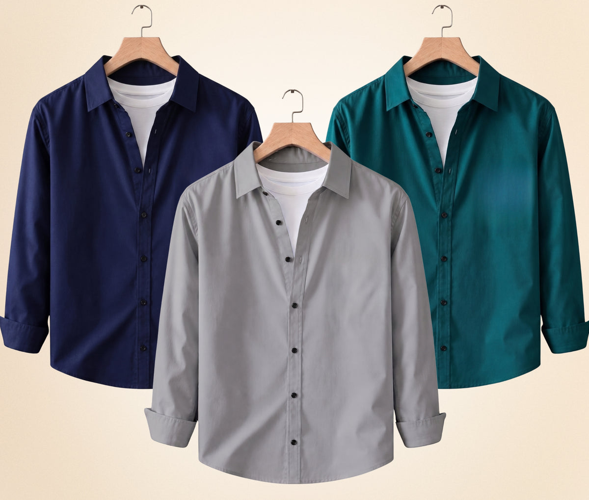 Coofandy Men's Solid Full Sleeve Casual Shirts – Grey, Navy Blue and Teal Green (Pack of 3)