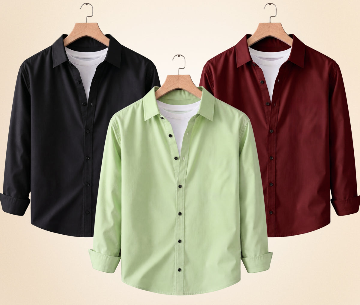 Coofandy Men's Solid Full Sleeve Casual Shirts – Black, Burgundy and Pista (Pack of 3)