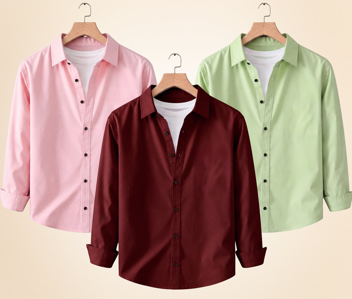 Coofandy Men's Solid Full Sleeve Casual Shirts – Burgundy, Peach Pink and Pista (Pack of 3)