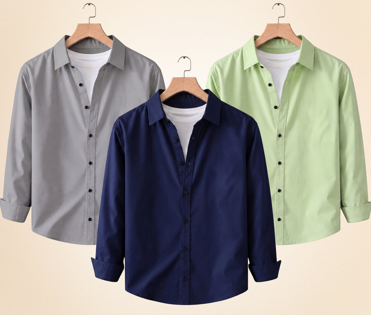 Coofandy Men's Solid Full Sleeve Casual Shirts – Grey, Navy Blue and Pista (Pack of 3)