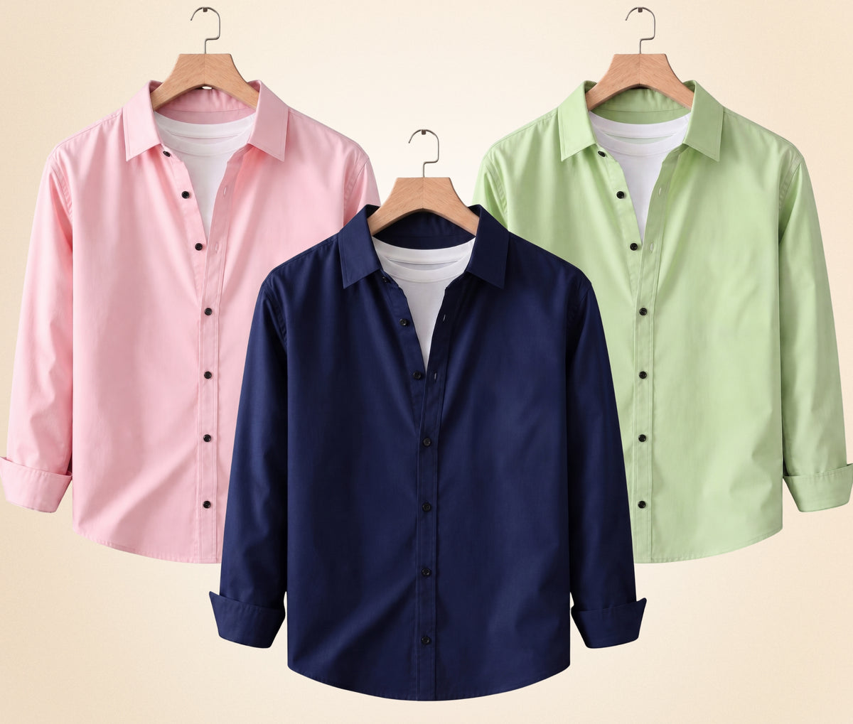 Coofandy Men's Solid Full Sleeve Casual Shirts – Navy Blue, Peach Pink and Pista (Pack of 3)