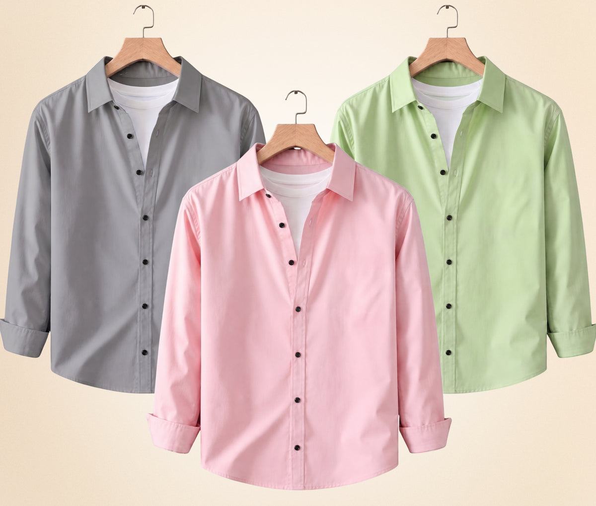 Coofandy Men's Solid Full Sleeve Casual Shirts – Grey, Peach Pink and Pista (Pack of 3)