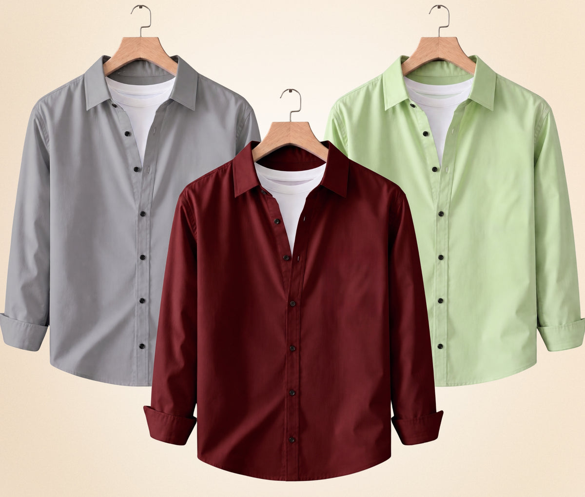 Coofandy Men's Solid Full Sleeve Casual Shirts – Grey, Burgundy and Pista (Pack of 3)