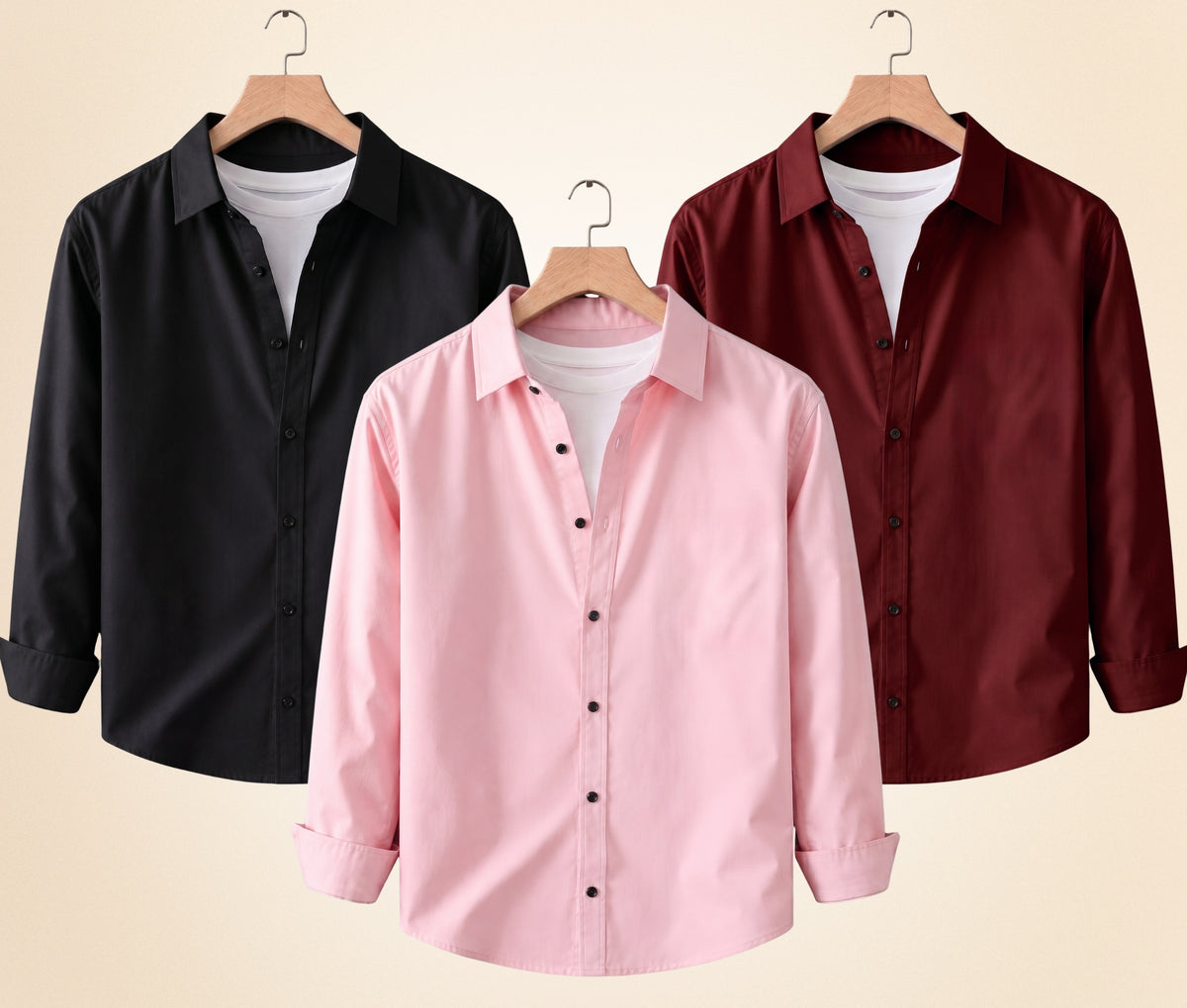 Coofandy Men's Solid Full Sleeve Casual Shirts – Black, Burgundy and Peach Pink (Pack of 3)