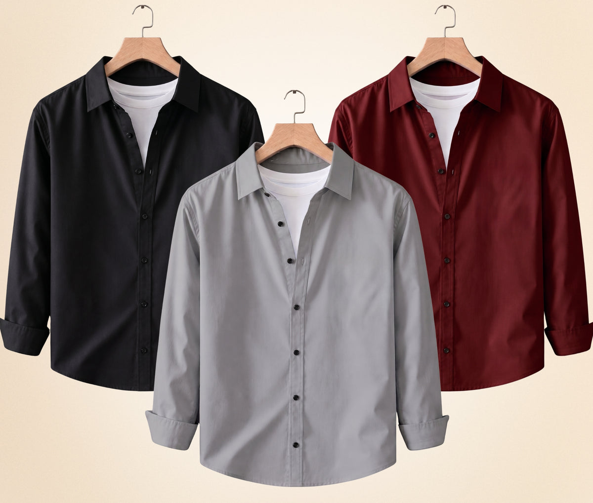Coofandy Men's Solid Full Sleeve Casual Shirts – Black, Grey and Burgundy (Pack of 3)