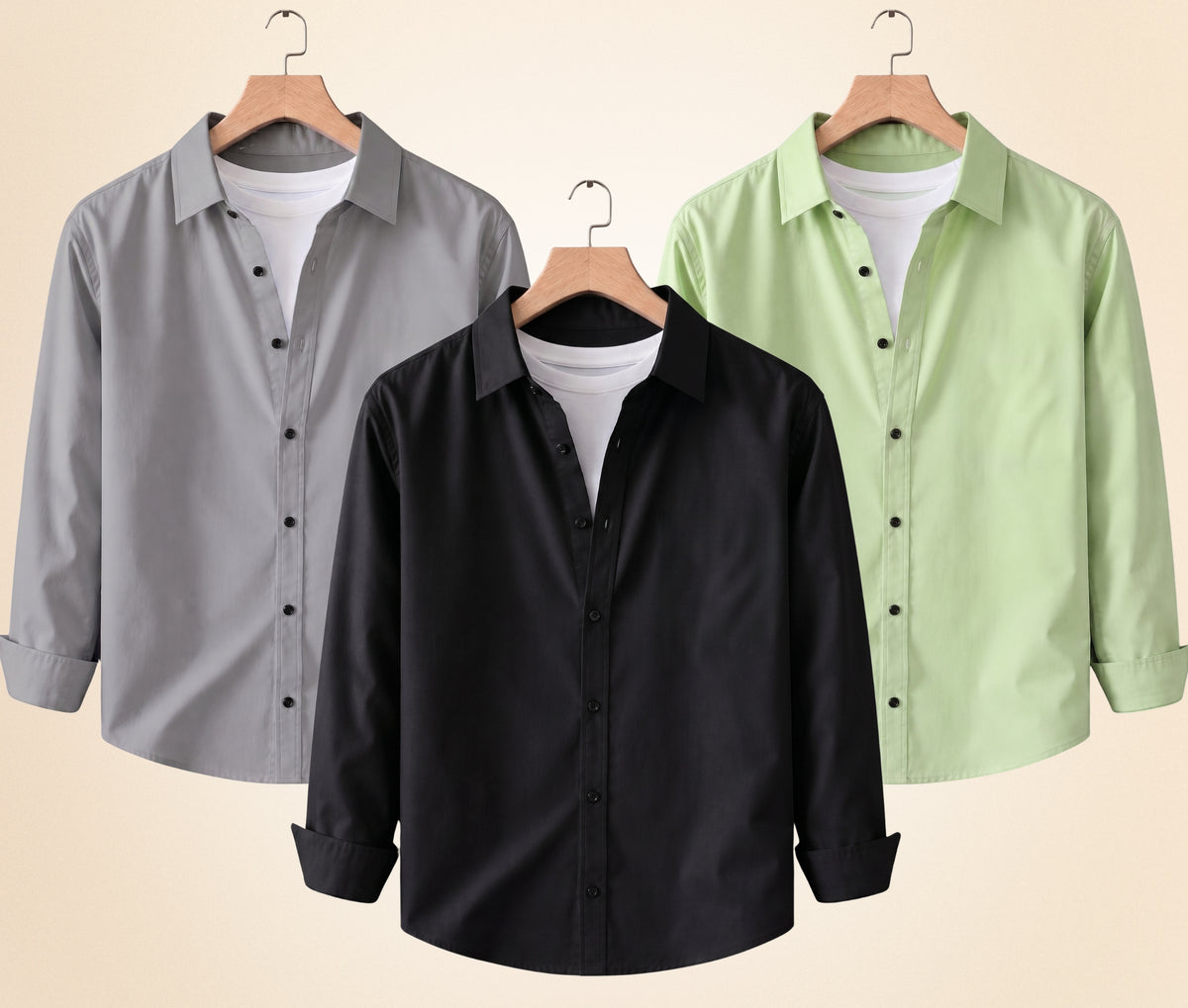 Coofandy Men's Solid Full Sleeve Casual Shirts – Black, Grey and Pista (Pack of 3)