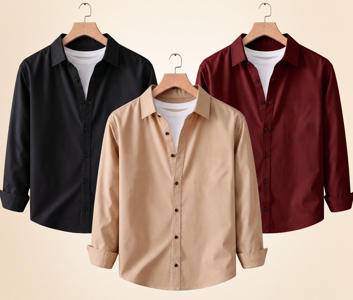 Coofandy Men's Solid Full Sleeve Casual Shirts – Black, Sand Beige and Burgundy (Pack of 3)