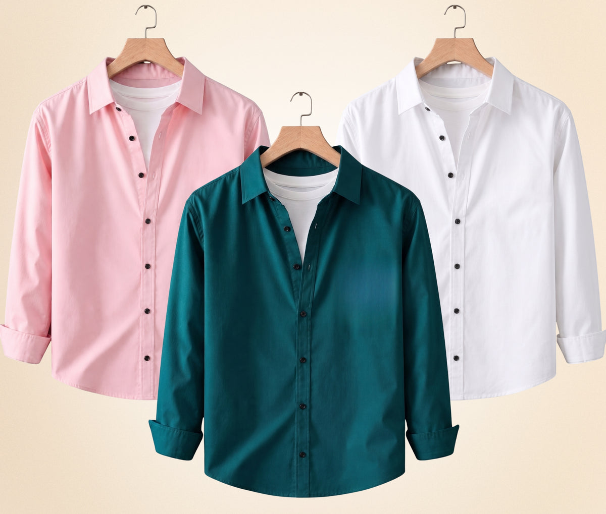 Coofandy Men's Solid Full Sleeve Casual Shirts – Peach Pink, Teal Green and White (Pack of 3)