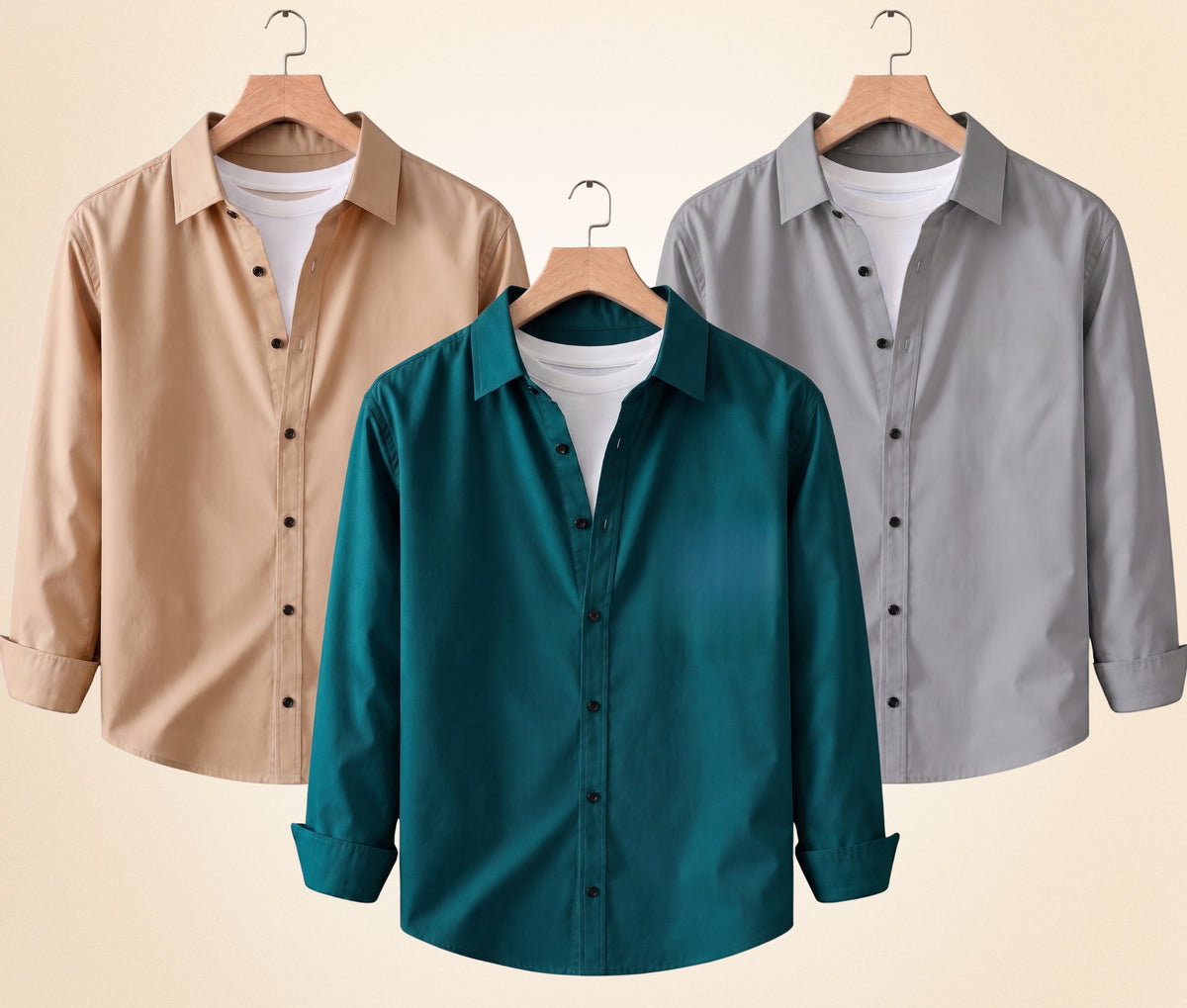 Coofandy Men's Solid Full Sleeve Casual Shirts – Sand Beige, Grey and Teal Green (Pack of 3)
