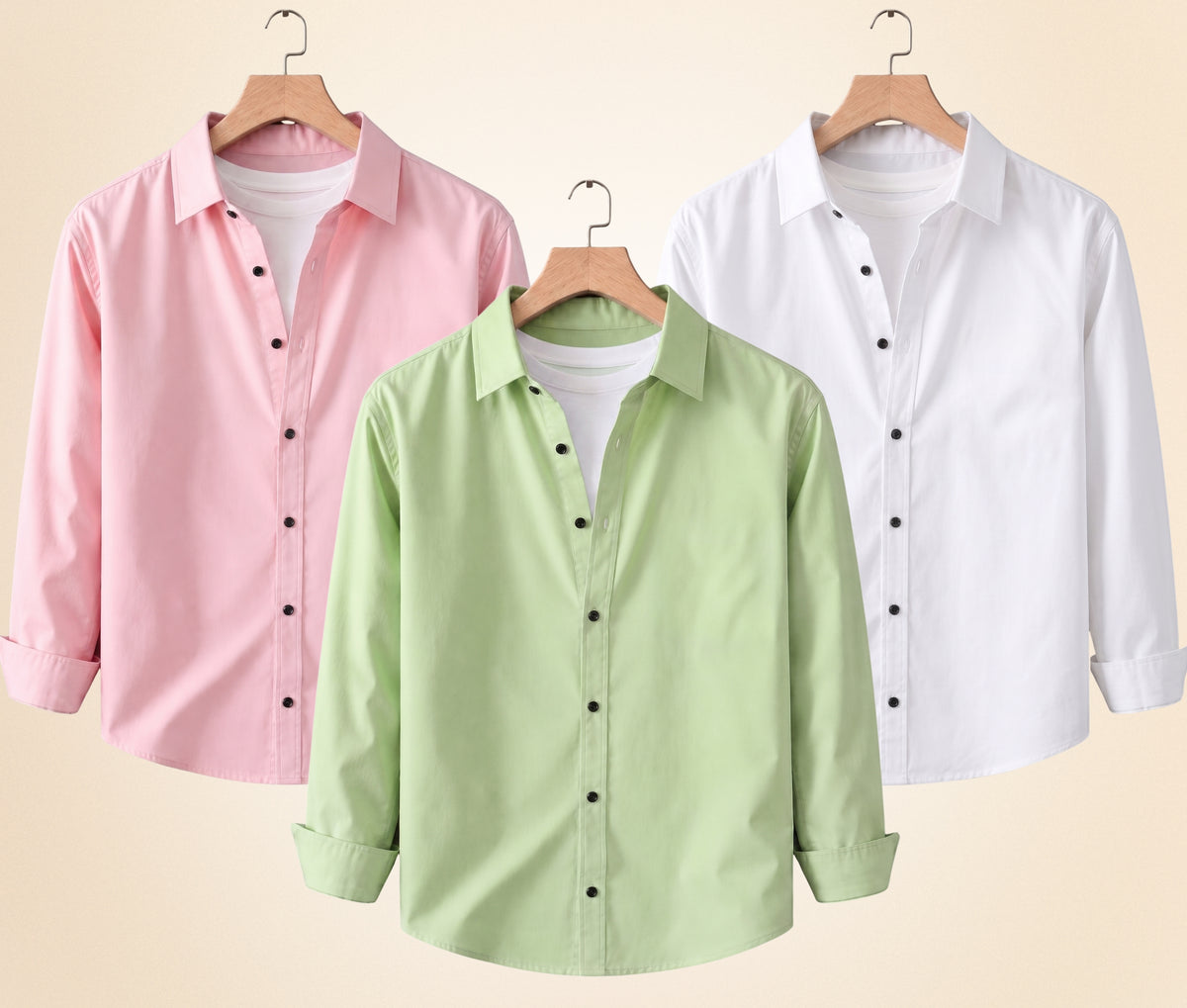 Coofandy Men's Solid Full Sleeve Casual Shirts – Peach Pink, Pista and White (Pack of 3)
