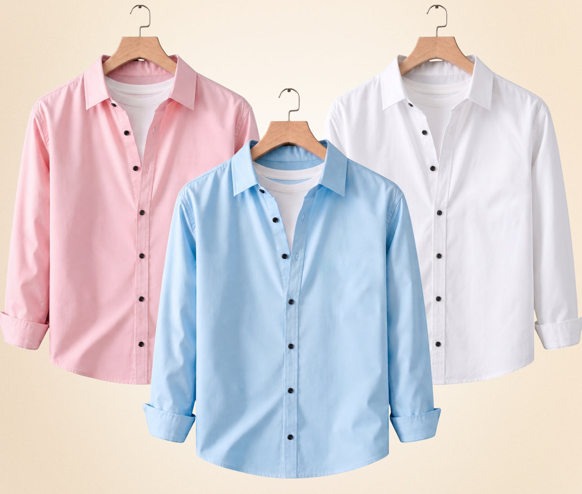 Coofandy Men's Solid Full Sleeve Casual Shirts – Peach Pink, Sky Blue and White (Pack of 3)