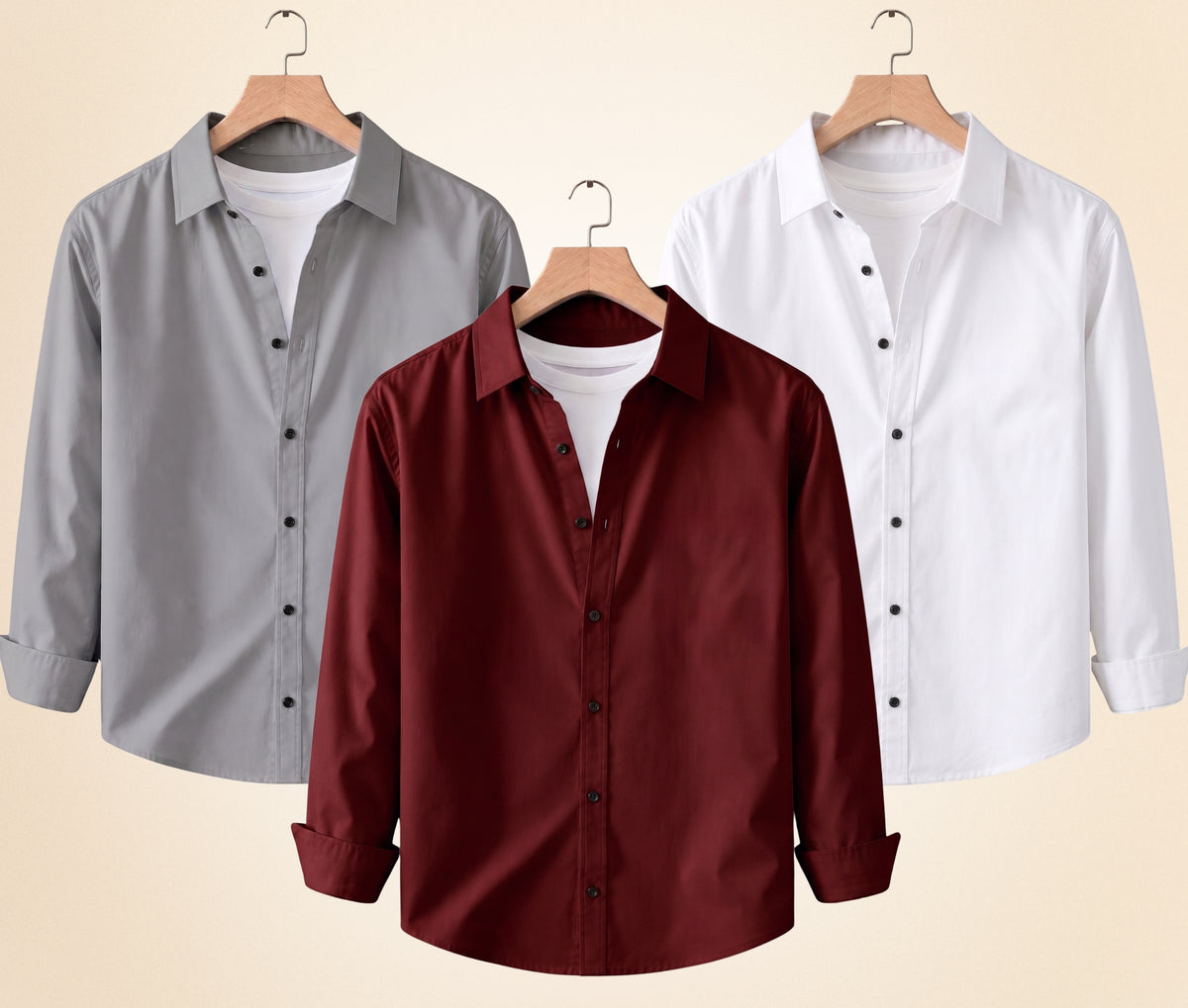 Coofandy Men's Solid Full Sleeve Casual Shirts – Grey, Burgundy and White (Pack of 3)