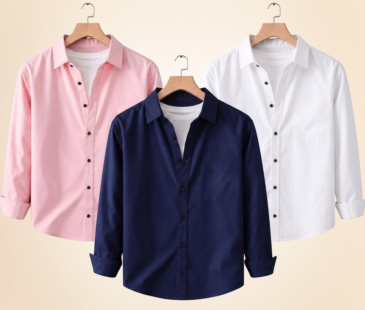 Coofandy Men's Solid Full Sleeve Casual Shirts – Navy Blue, Peach Pink and White (Pack of 3)