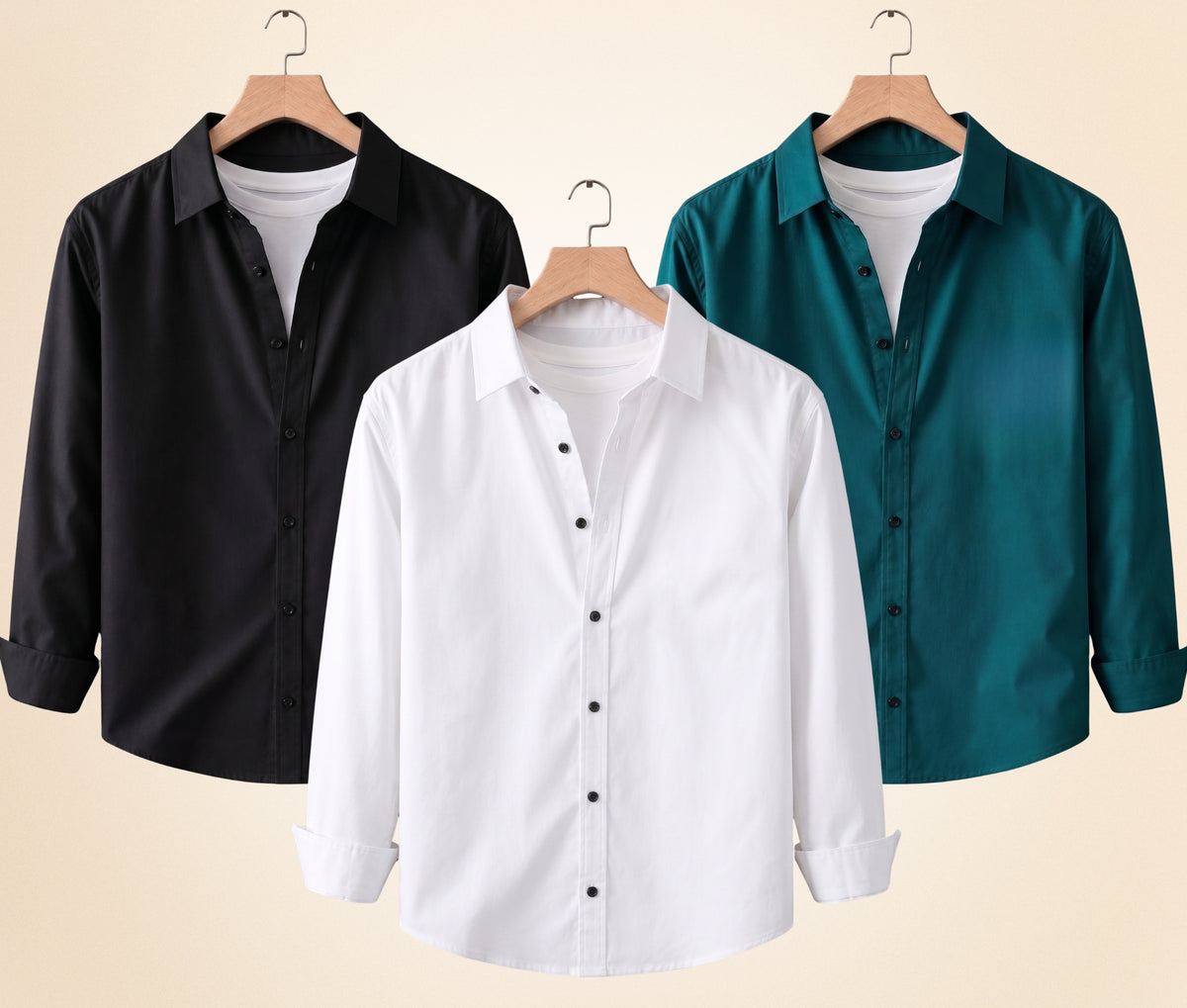 Coofandy Men's Solid Full Sleeve Casual Shirts – Black, Teal Green and White (Pack of 3)