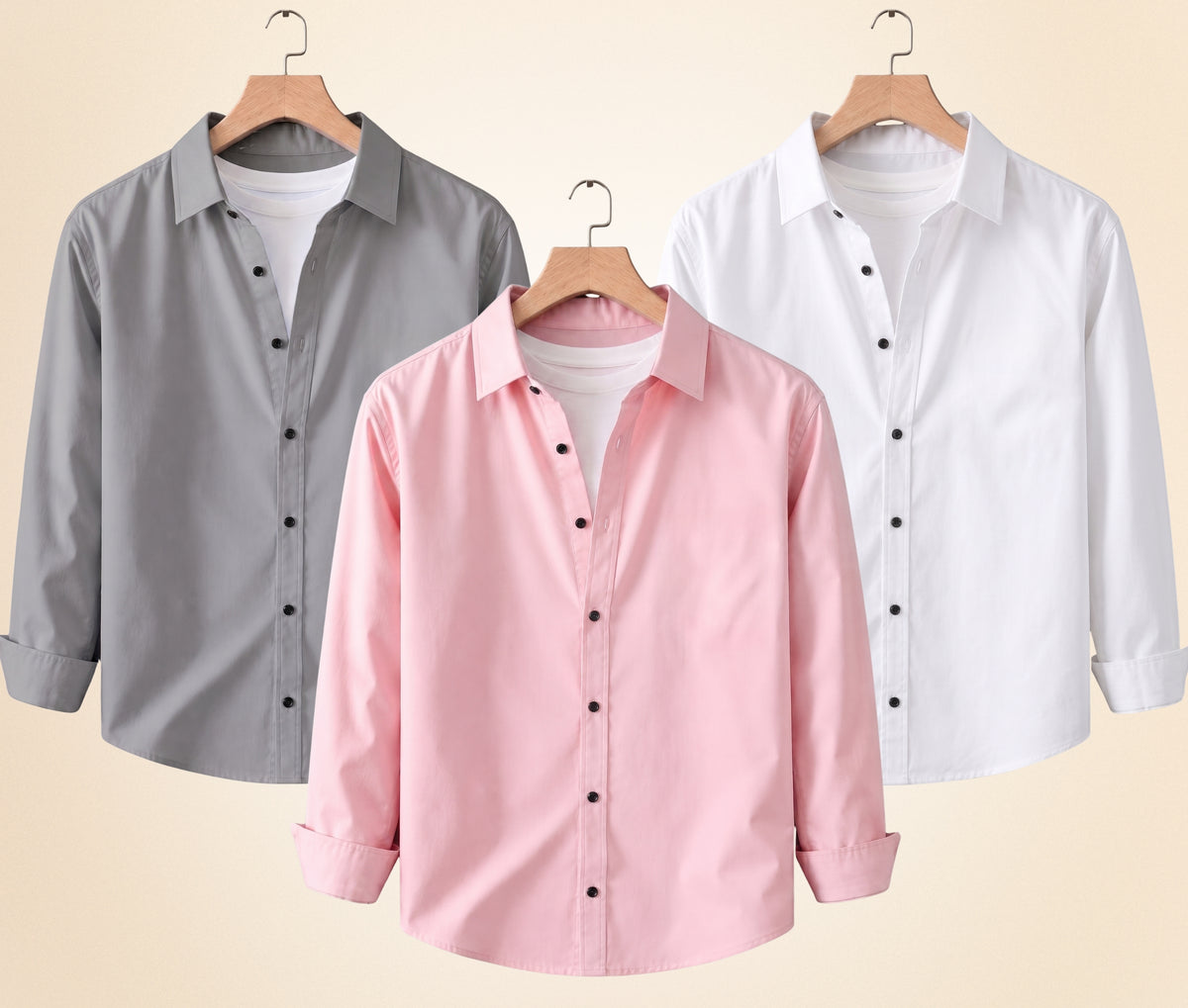 Coofandy Men's Solid Full Sleeve Casual Shirts – Grey, Peach Pink and White (Pack of 3)