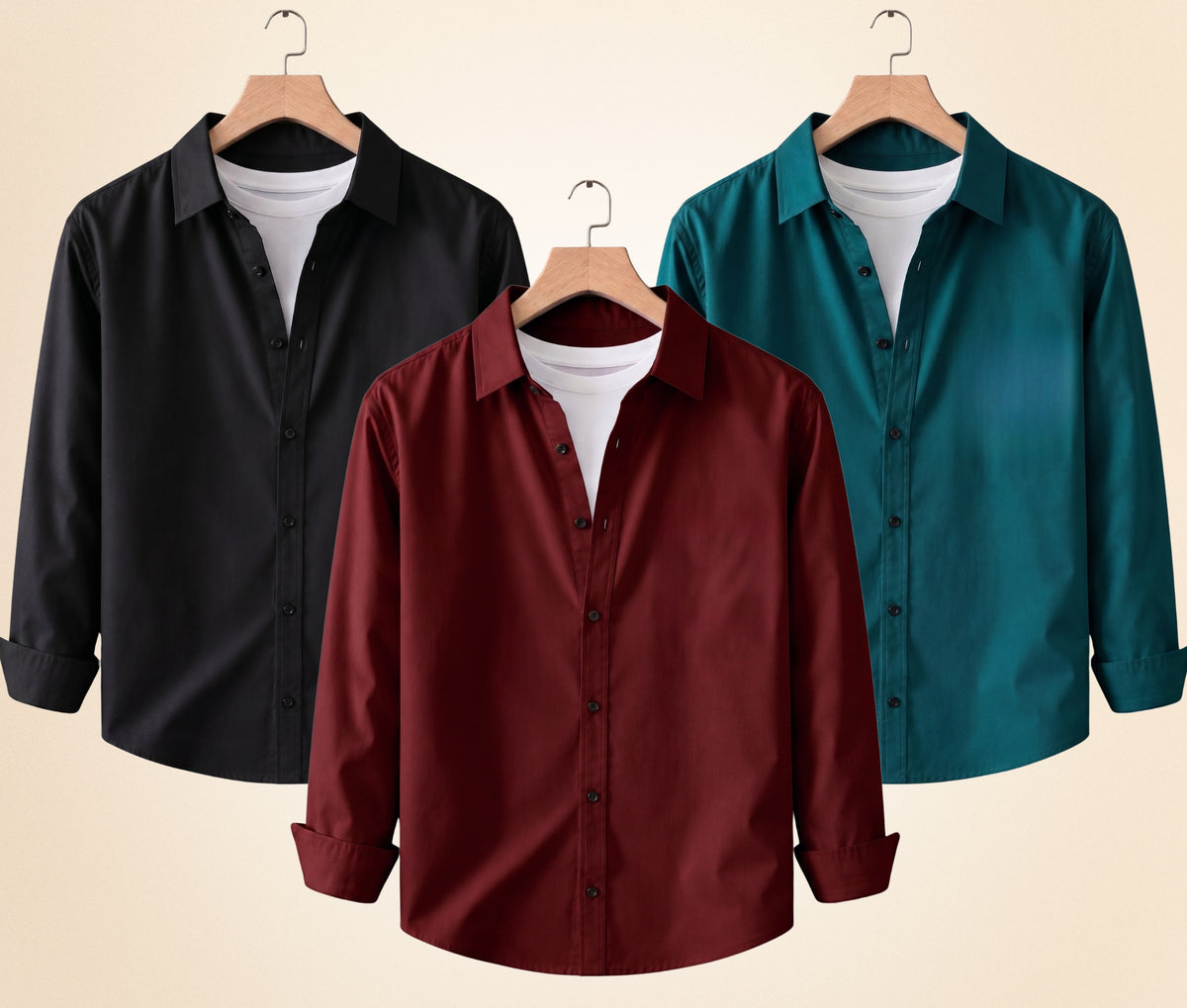 Coofandy Men's Solid Full Sleeve Casual Shirts – Black, Burgundy and Teal Green (Pack of 3)