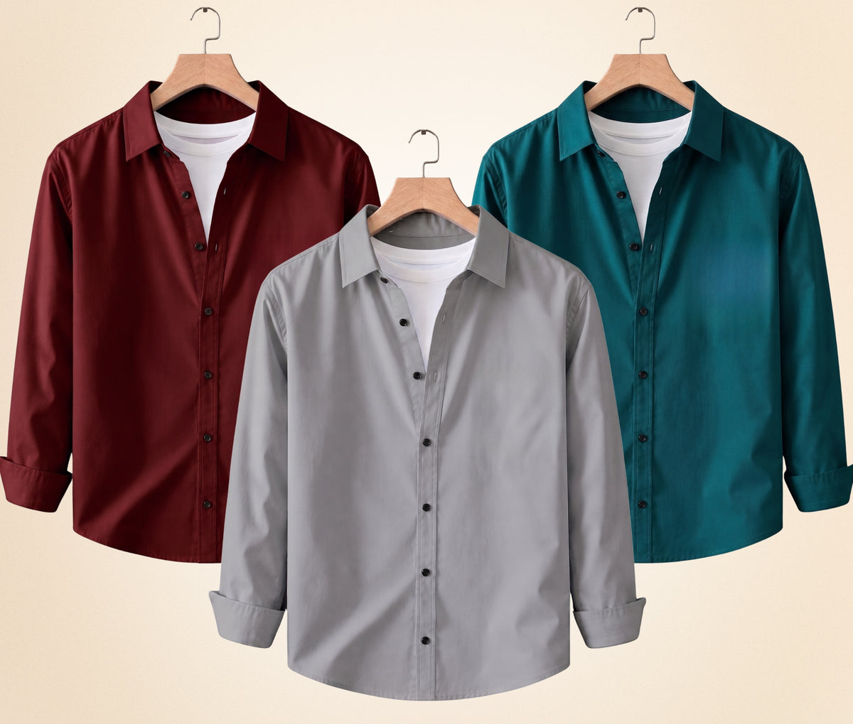 Coofandy Men's Solid Full Sleeve Casual Shirts – Grey, Burgundy and Teal Green (Pack of 3)