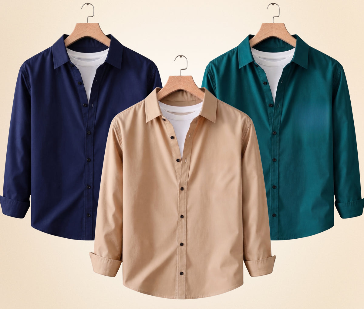 Coofandy Men's Solid Full Sleeve Casual Shirts – Sand Beige, Navy Blue and Teal Green (Pack of 3)
